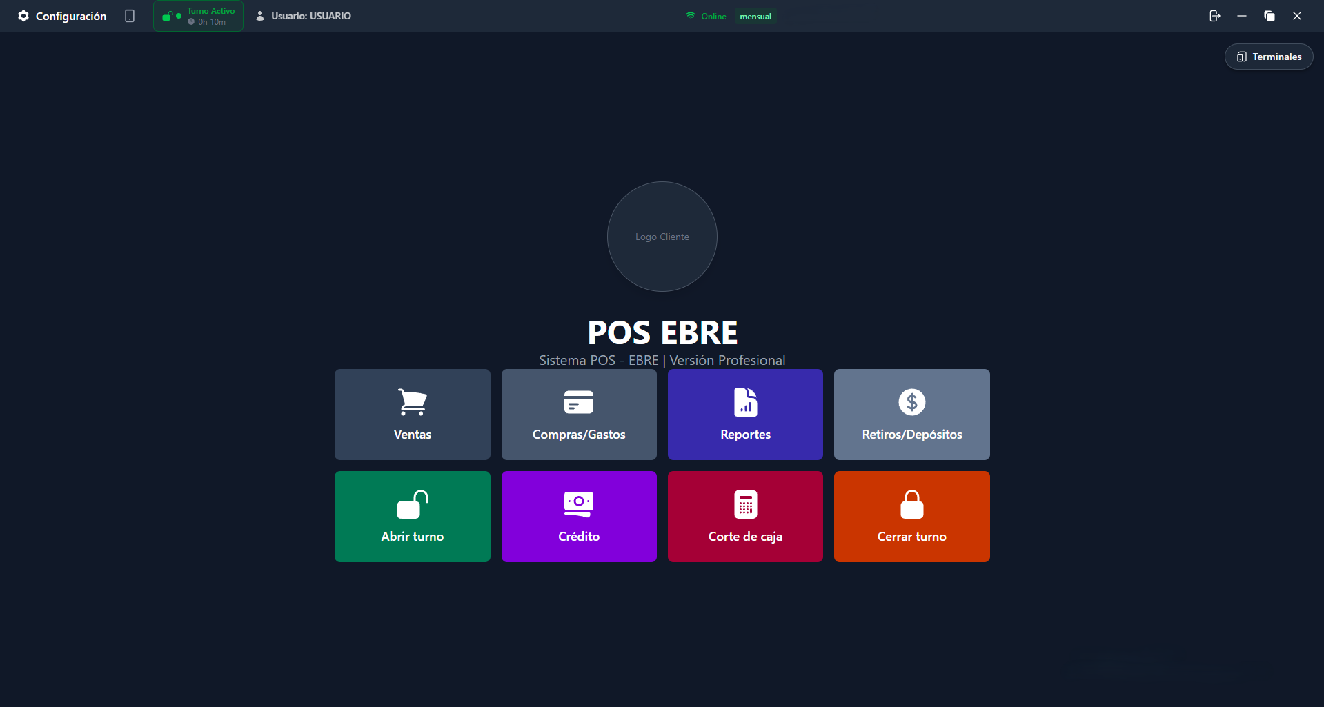 EBRE POS — Panel principal con módulos de Ventas, Reportes, Inventarios y más
